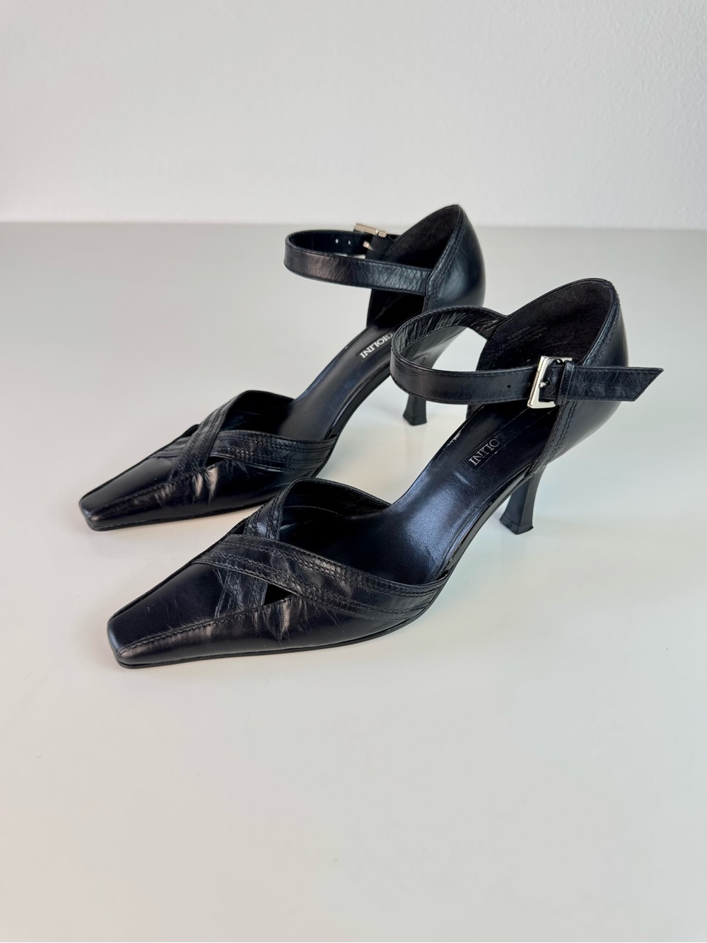 Vtg Enzo Angliolini Edera Black Leather Heels Size 7.5 Y2K 90s